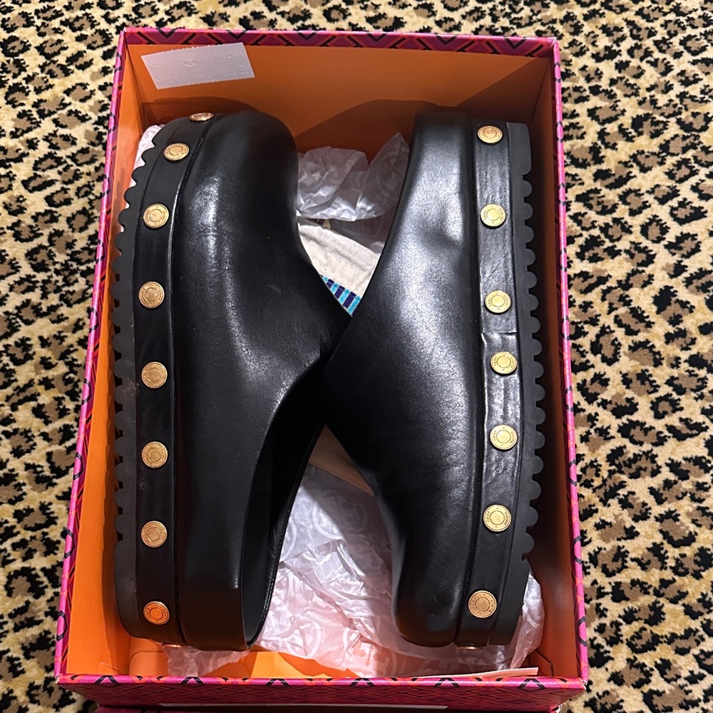 Tory Burch Stylish Black Gold Coin Clog
